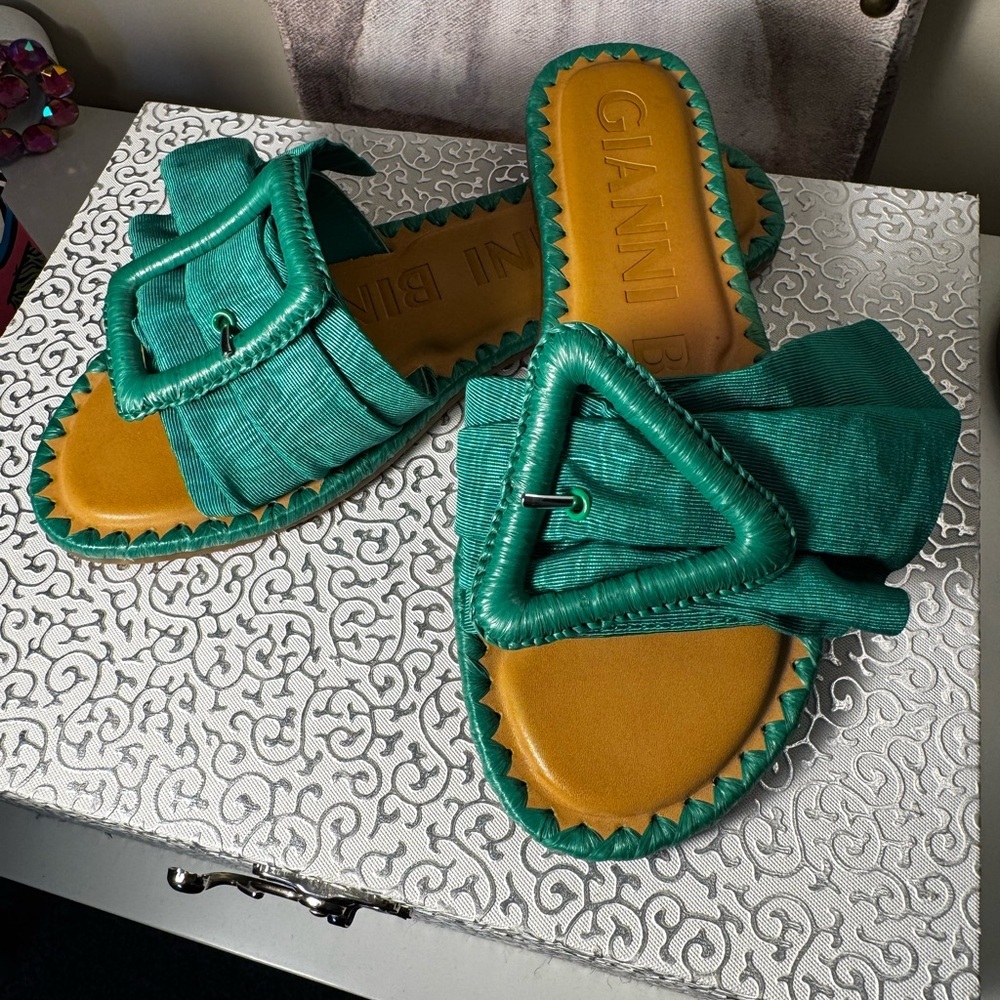 Gianni Bini Green Slide Sandals with Triangular & Rectangular Buckle NWT